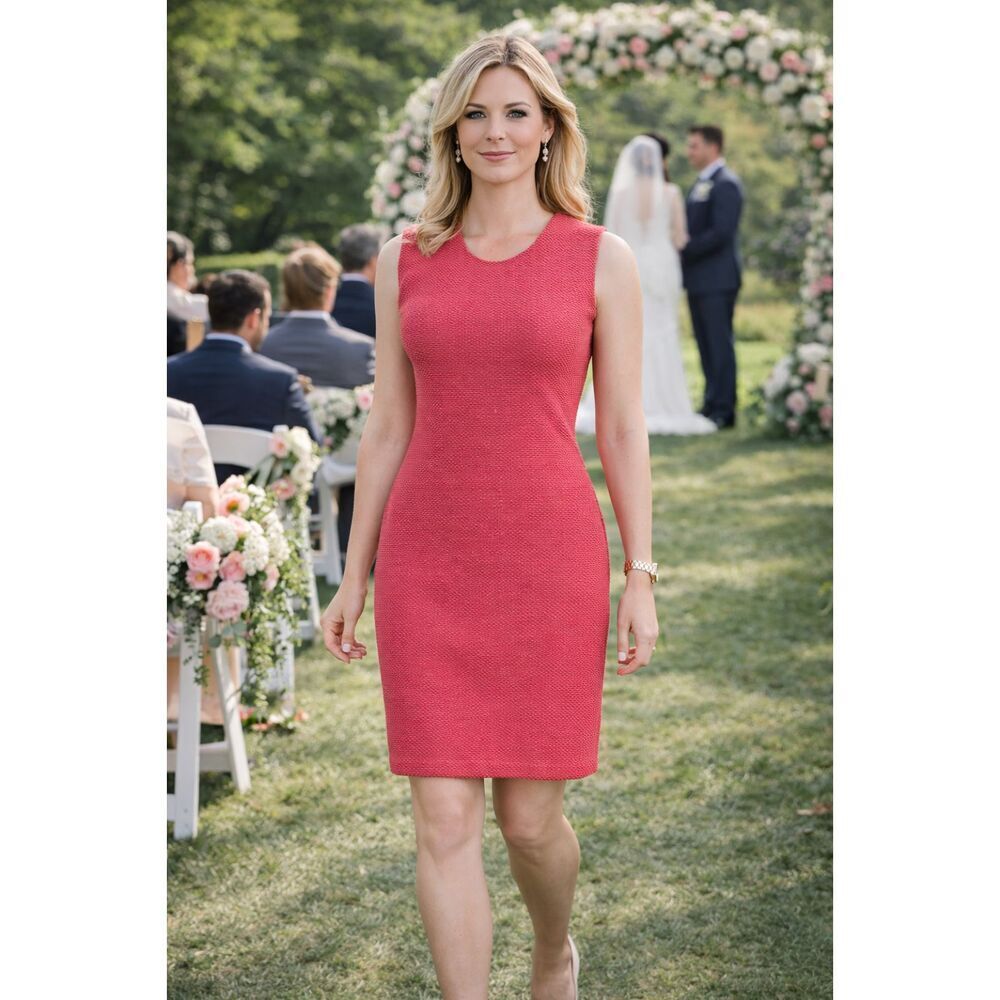 ST. JOHN Women Size 12 Coral Tweed Knit Sheath Dress Office Capsule Work Minimal